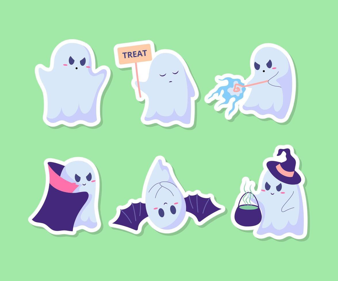 Cartoon Color Characters Ghosts Flying Phantoms with Cauldron Magical Potion Stickers Set. vector