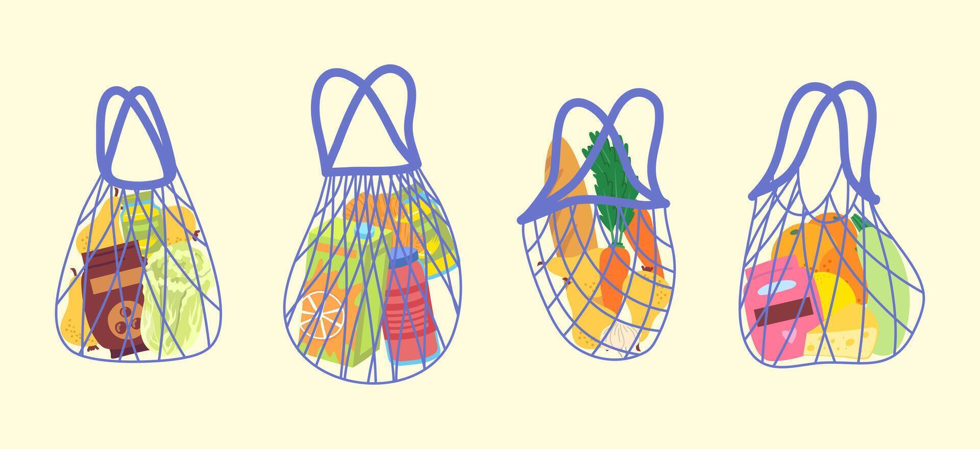 Cartoon Different Color Shopping String Bags with Products Set. vector