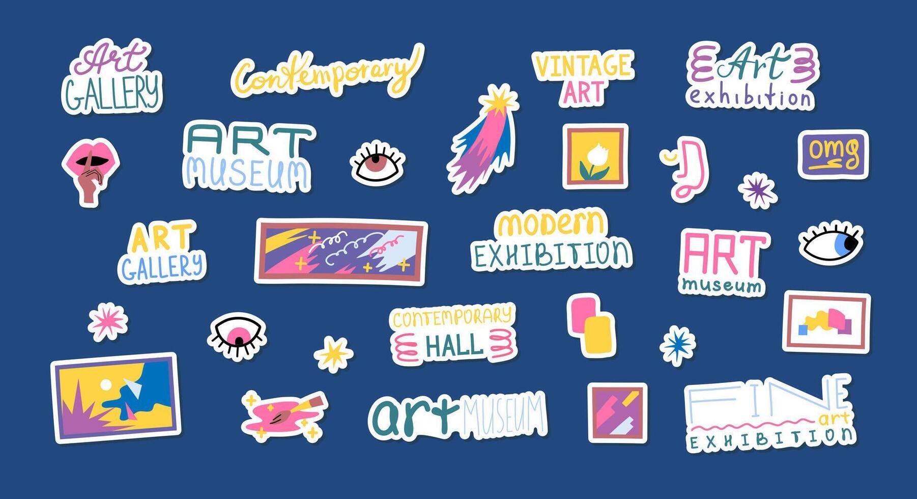 Cartoon Color Art Gallery Museum Exhibition and Modern Lettering Stickers Set. vector