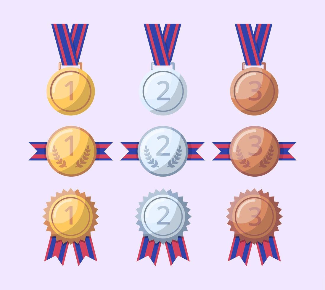 Cartoon Color Awards Medals, Labels and Reward Badges with Ribbon and Engraved Numbers Set. vector