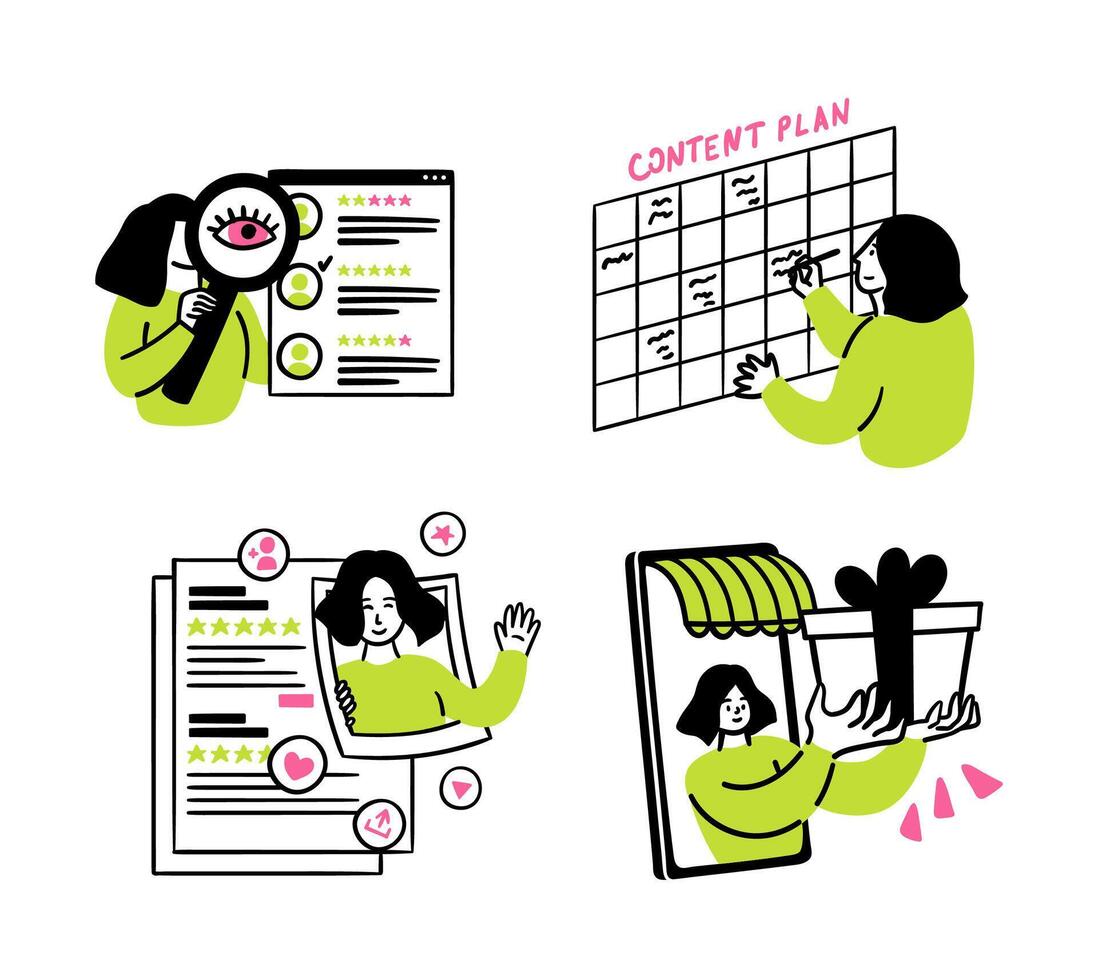 Cartoon Color Social Media Marketing Content Plan Concept Scenes Set. vector