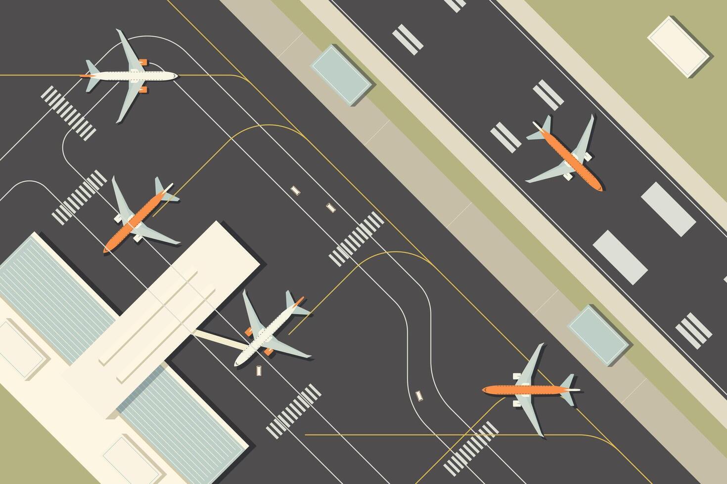 Cartoon Color Runway Strip with Aircraft Top View Scene Concept. vector