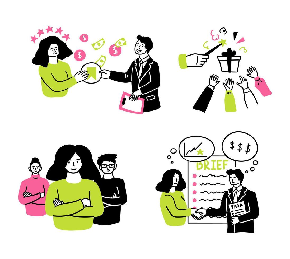 Cartoon Color Social Media Marketing Post Power Concept Scenes Set. vector