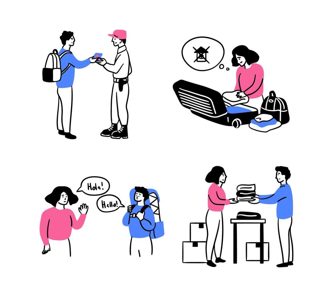 Cartoon Color Migration Concept Integration of Migrants Scenes Set. vector