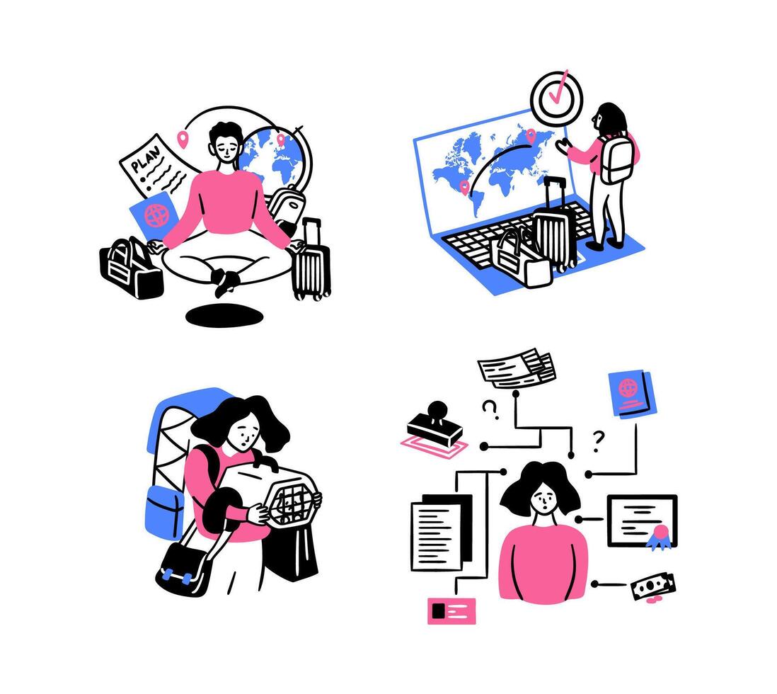 Cartoon Color Migration Concept Different Preparing Scenes Set. vector