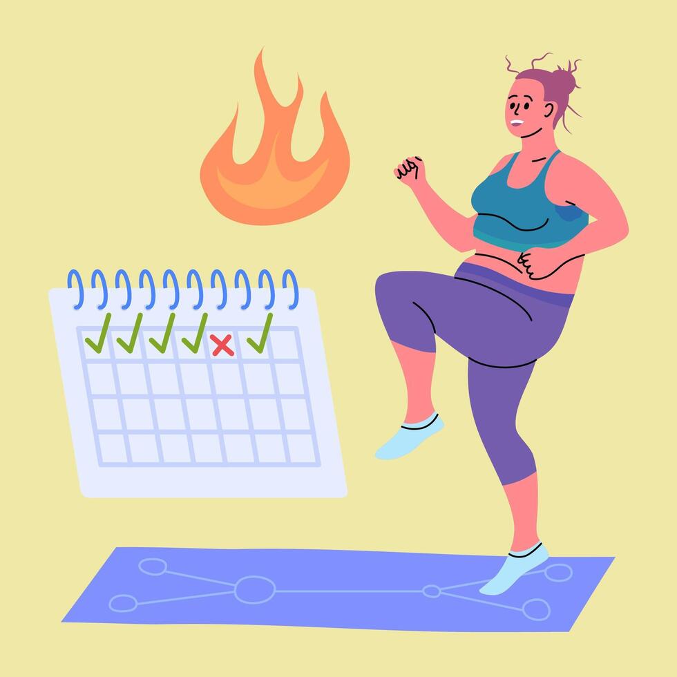 Cartoon Color Character Girl and Cardio Workout Concept. vector