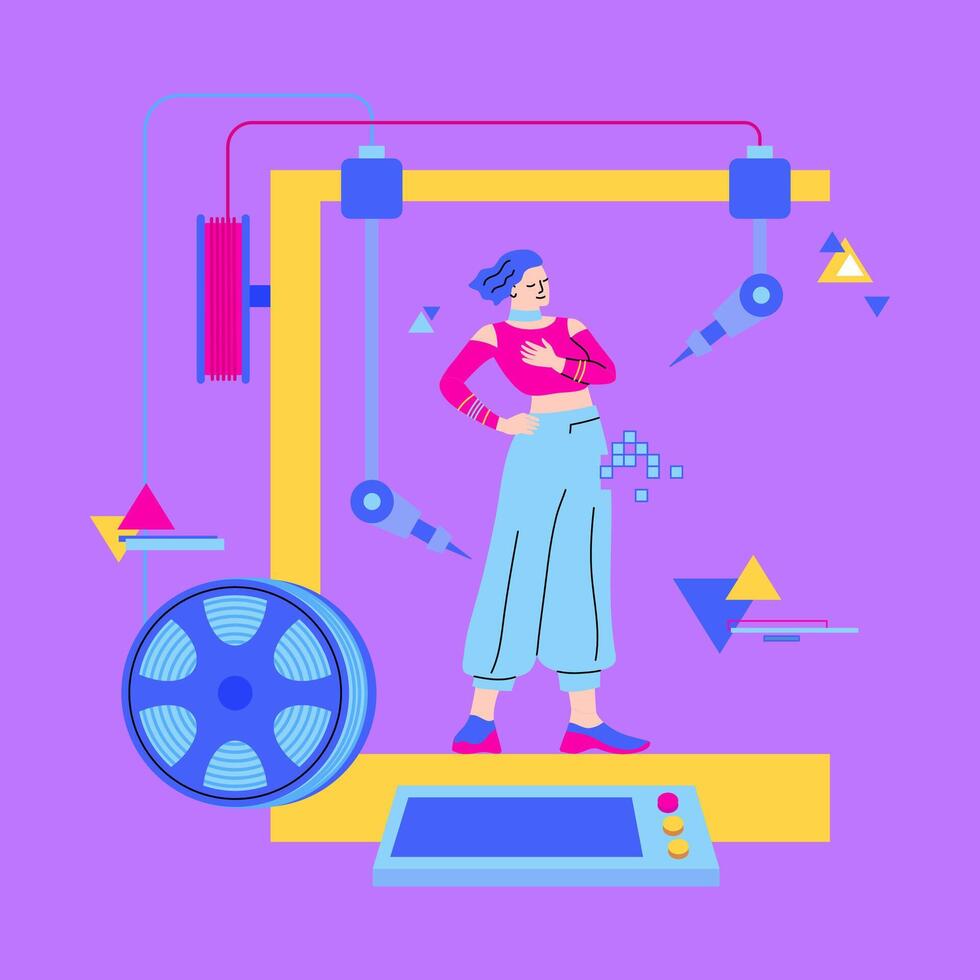 Cartoon Color Character Girl Model and 3d Printed Fashion Clothing Concept. vector