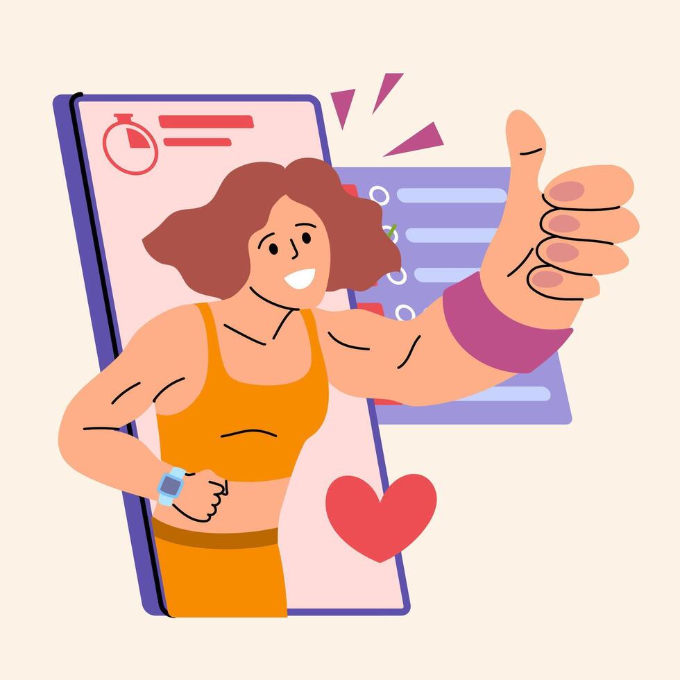 Cartoon Color Character Girl Personal Trainer Online Concept. vector