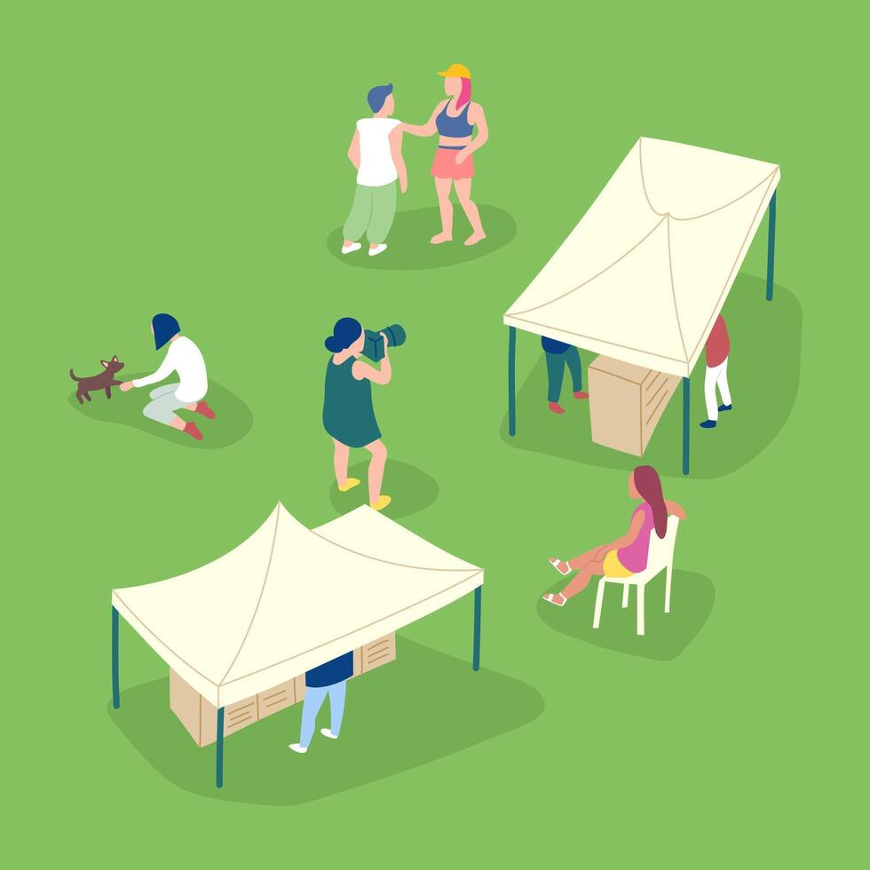 People at outdoor event with tents vector
