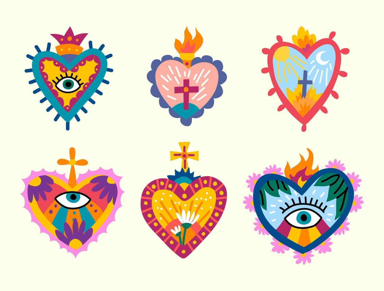 Vibrant sacred heart illustrations in various designs vector