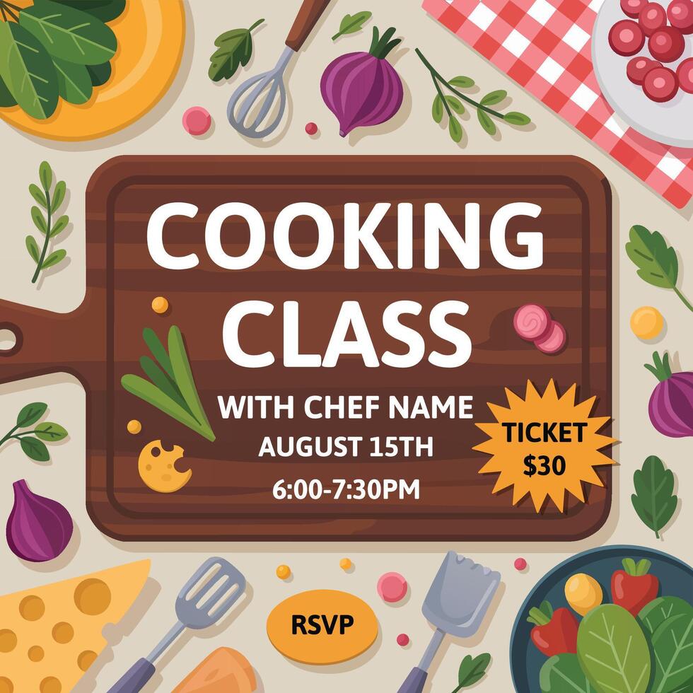 Cooking class announcement with date and time vector