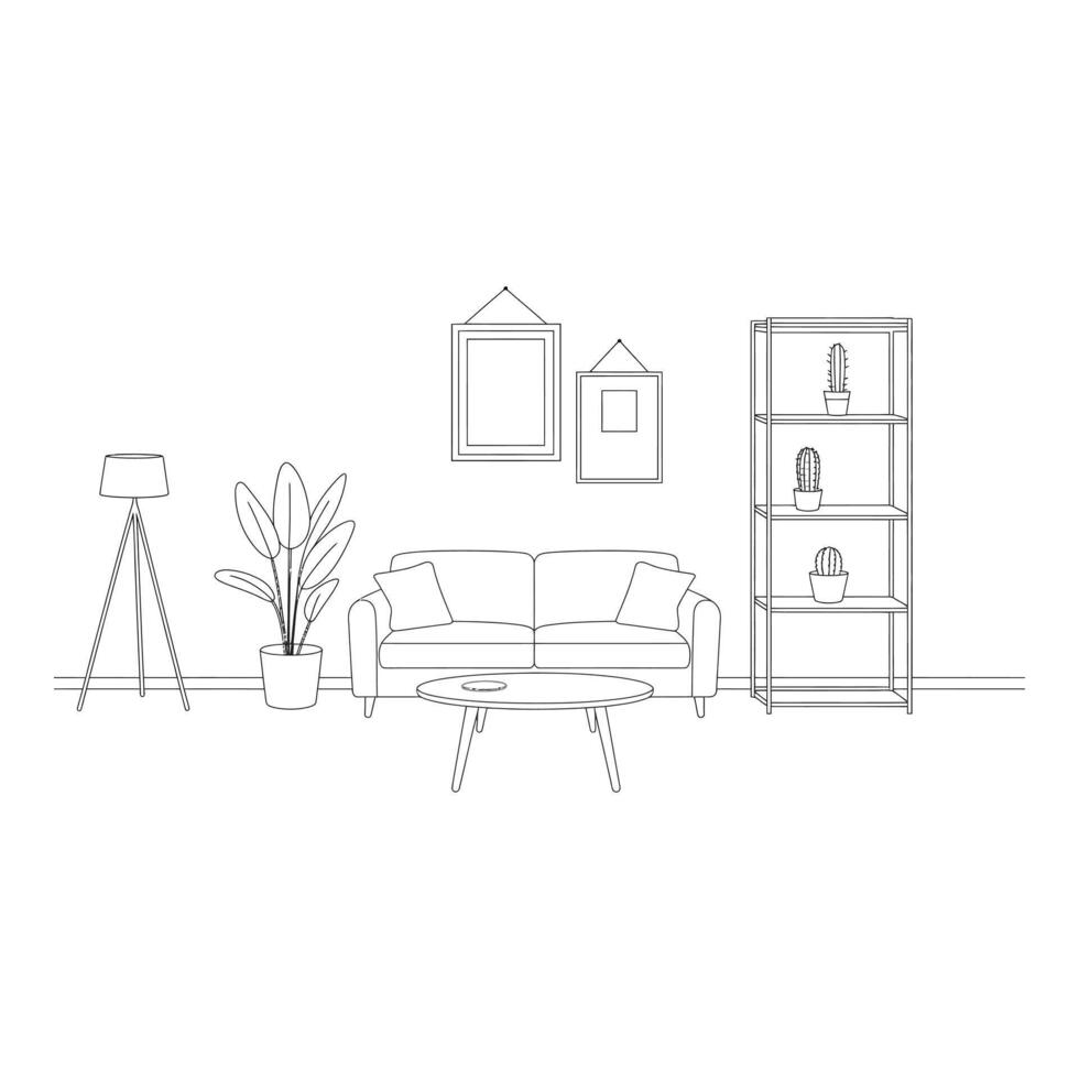 Living room interior design with sofa plant and bookshelf isolated on white vector