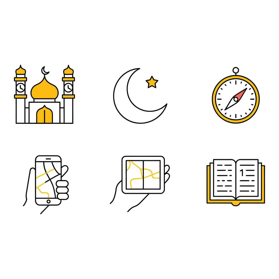 Islamic symbols including a mosque moon compass and mobile devices vector