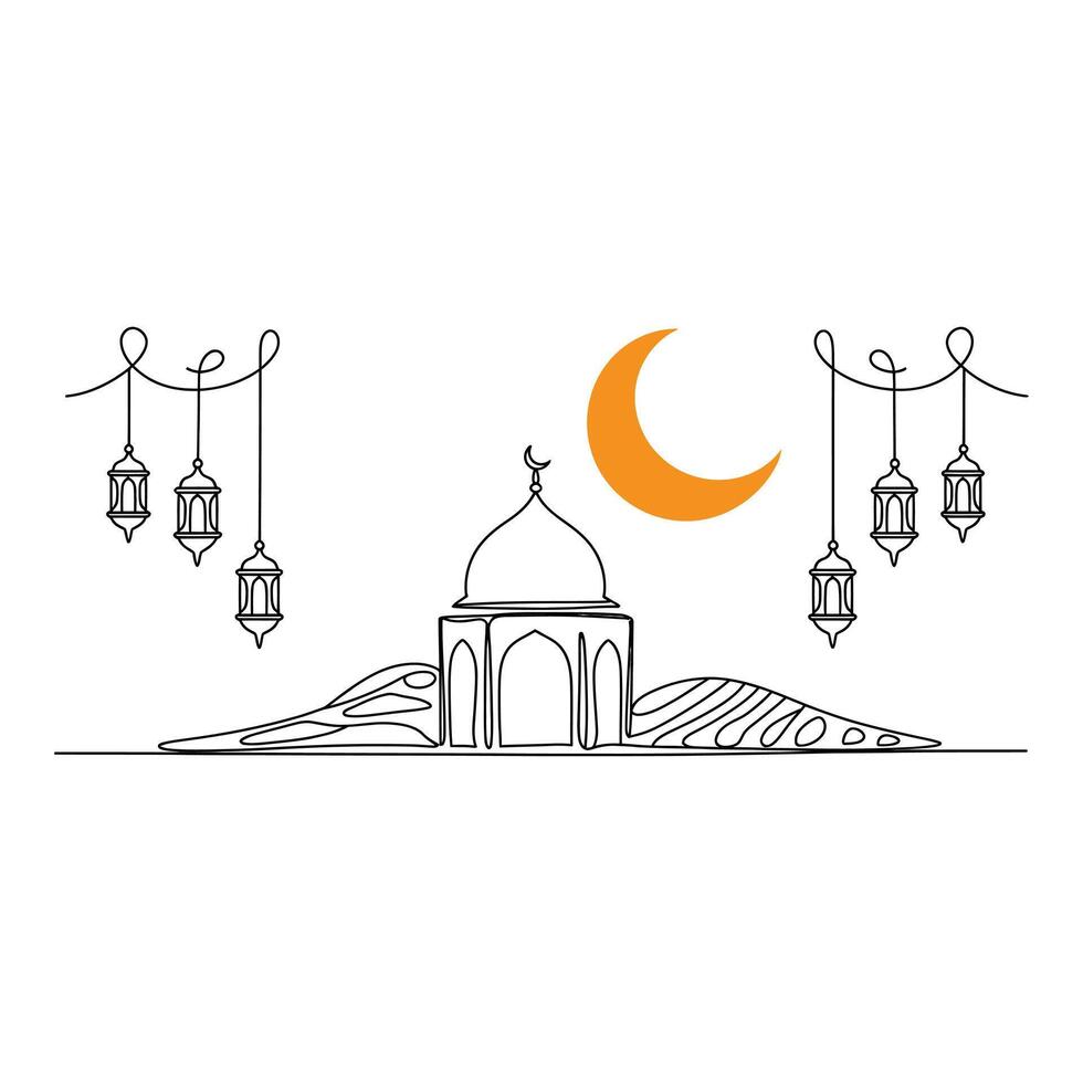 Mosque and crescent moon with hanging lanterns isolated on white background vector