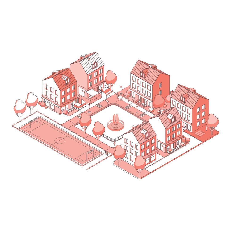 Isometric view of a charming town square with buildings and fountain vector