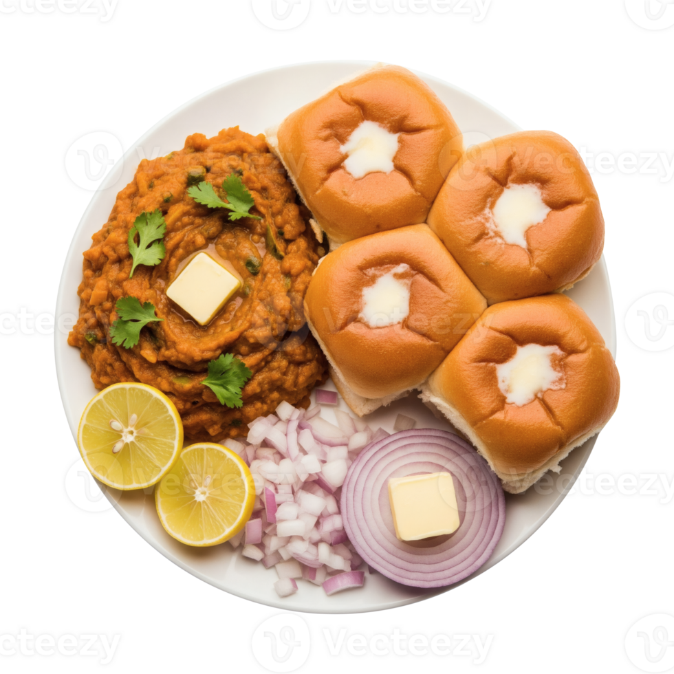 Overhead View of Pav Bhaji with Buttered Pav Buns Lemon and Onions png