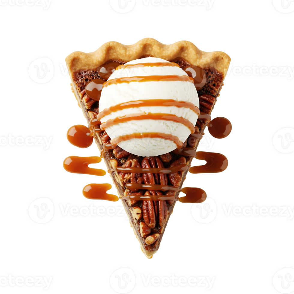 Pecan Pie Slice with Vanilla Ice Cream and Caramel Drizzle png