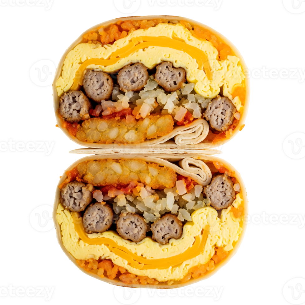 Breakfast Burrito Cut in Half Showing Scrambled Eggs Sausage Hashbrowns Rice and Cheese png