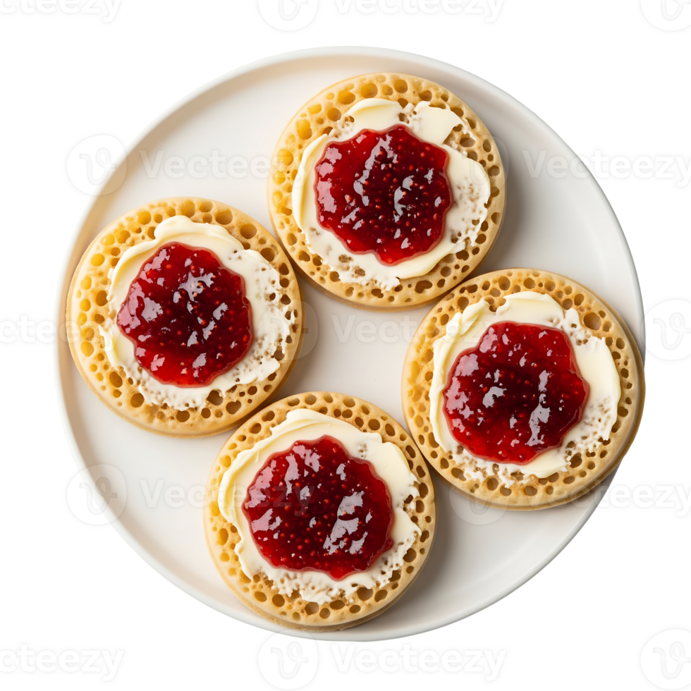 Four Crumpets with Butter and Raspberry Jam on White Plate png