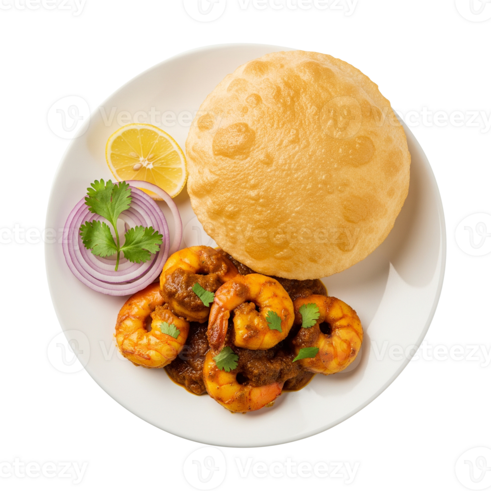 Spicy Prawn Puri Dish with Lemon and Onion Garnish png