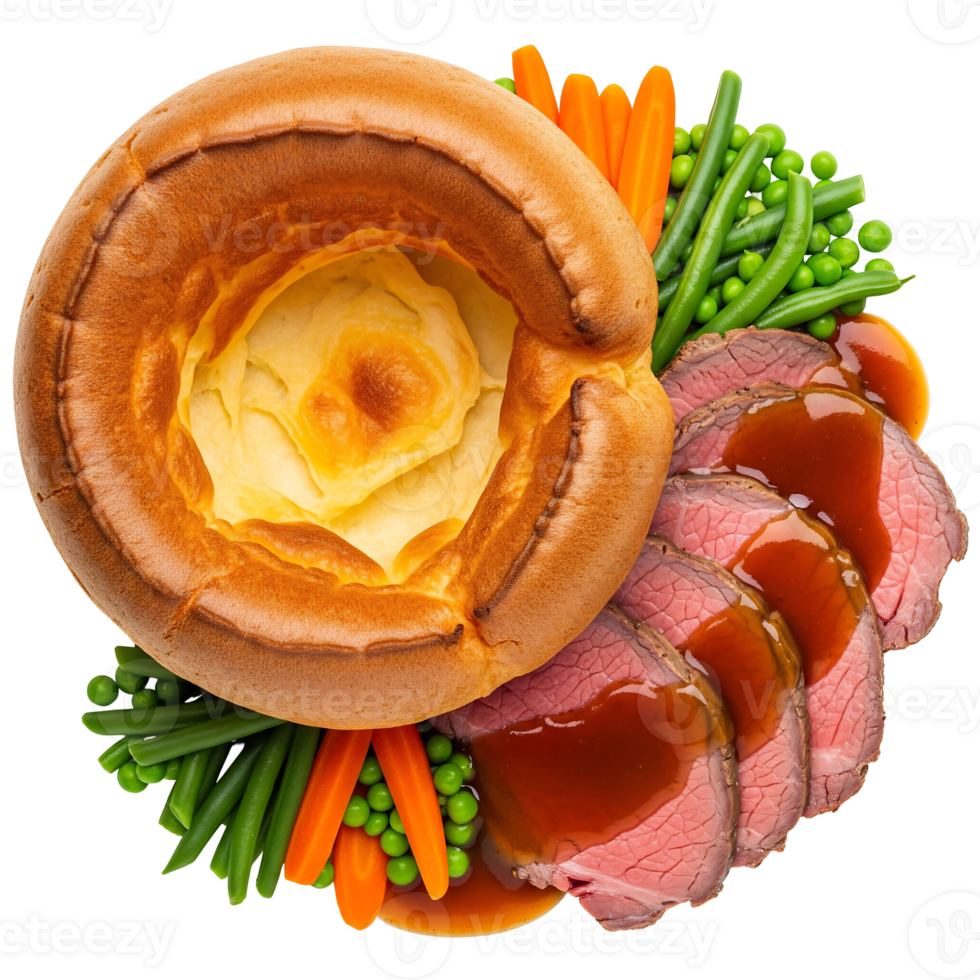 Roast Beef Yorkshire Pudding Dinner Green Peas Carrots Gravy png