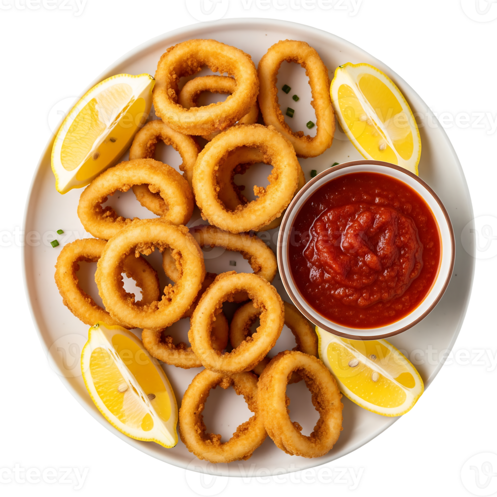 Fried Calamari Rings Lemon Slices Red Sauce squid rings png