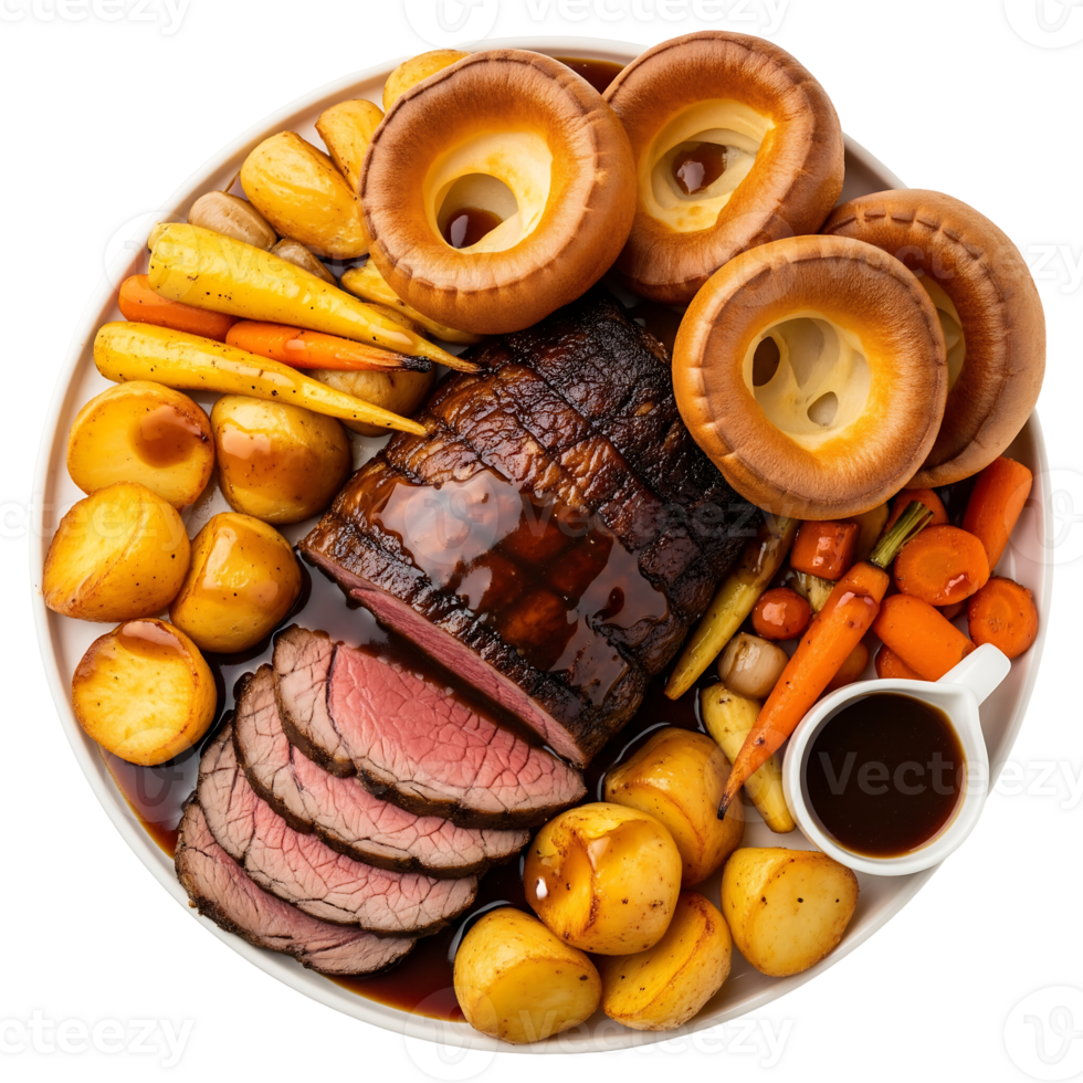 Roasted Beef Slices Yorkshire Puddings Potatoes Carrots Gravy png