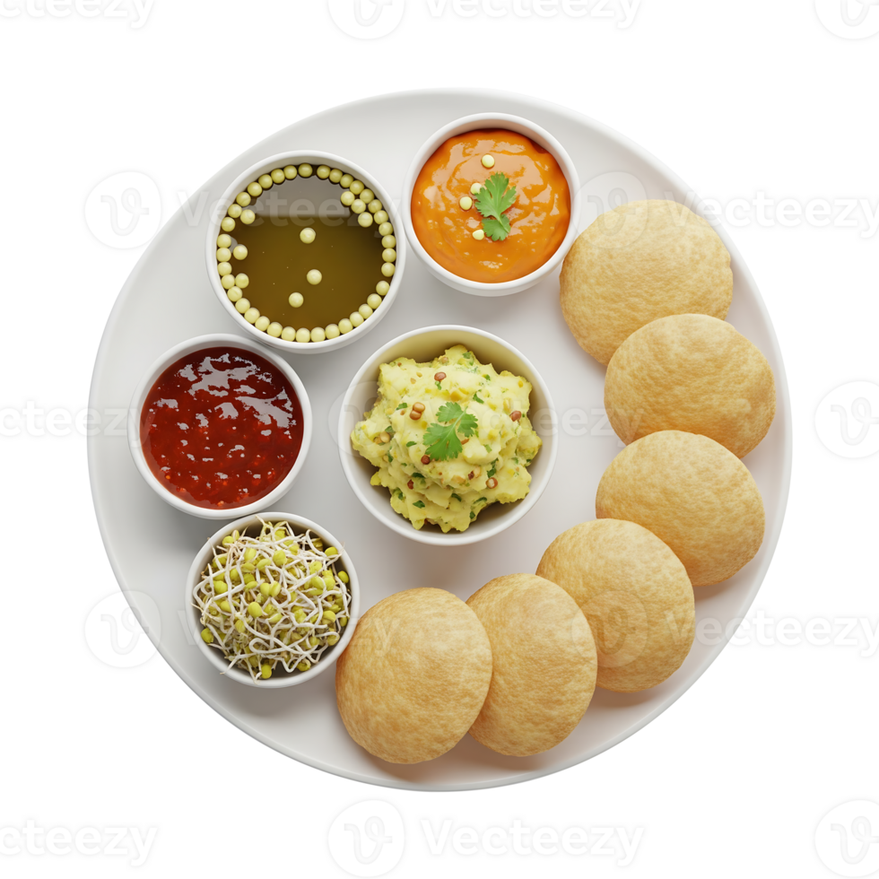Round Plate of Pani Puri with Various Dips and Sprouts png
