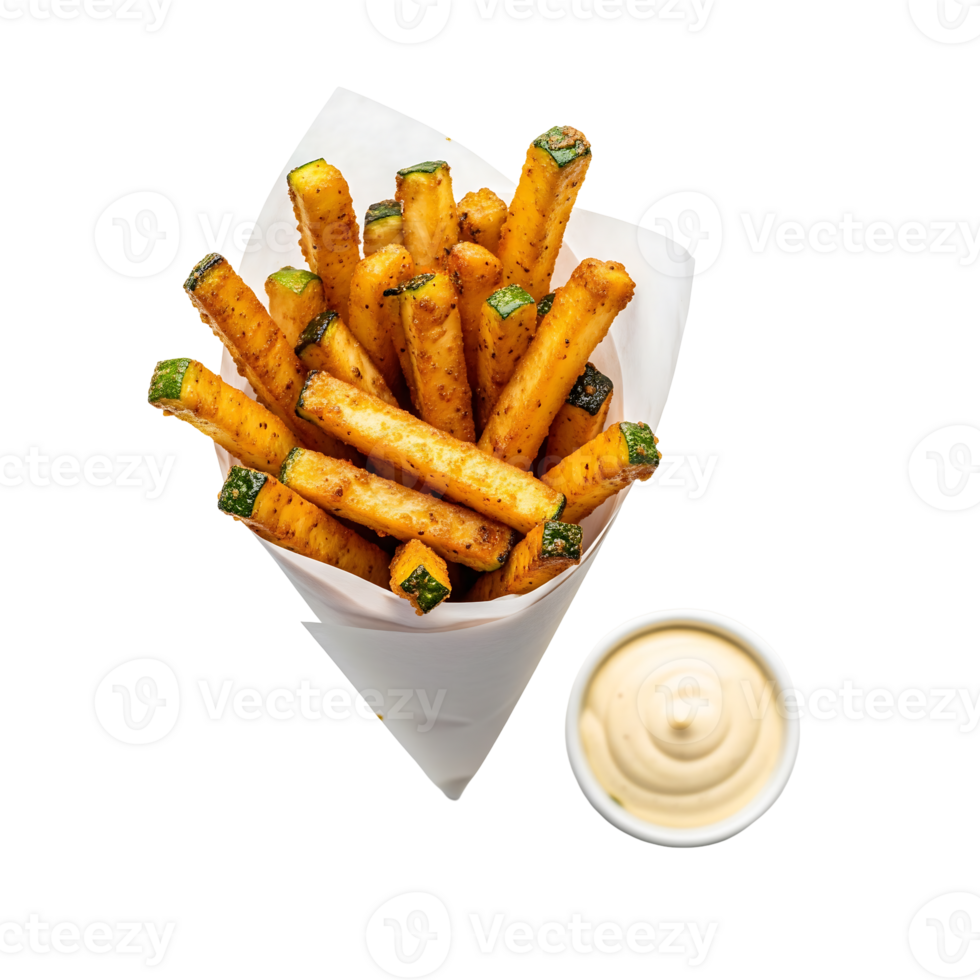 Crispy Zucchini Fries in Cone with Creamy Dip golden brown png