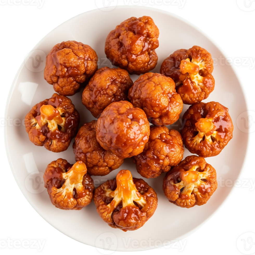 Roasted Cauliflower Florets in Brown Sauce on White Plate png