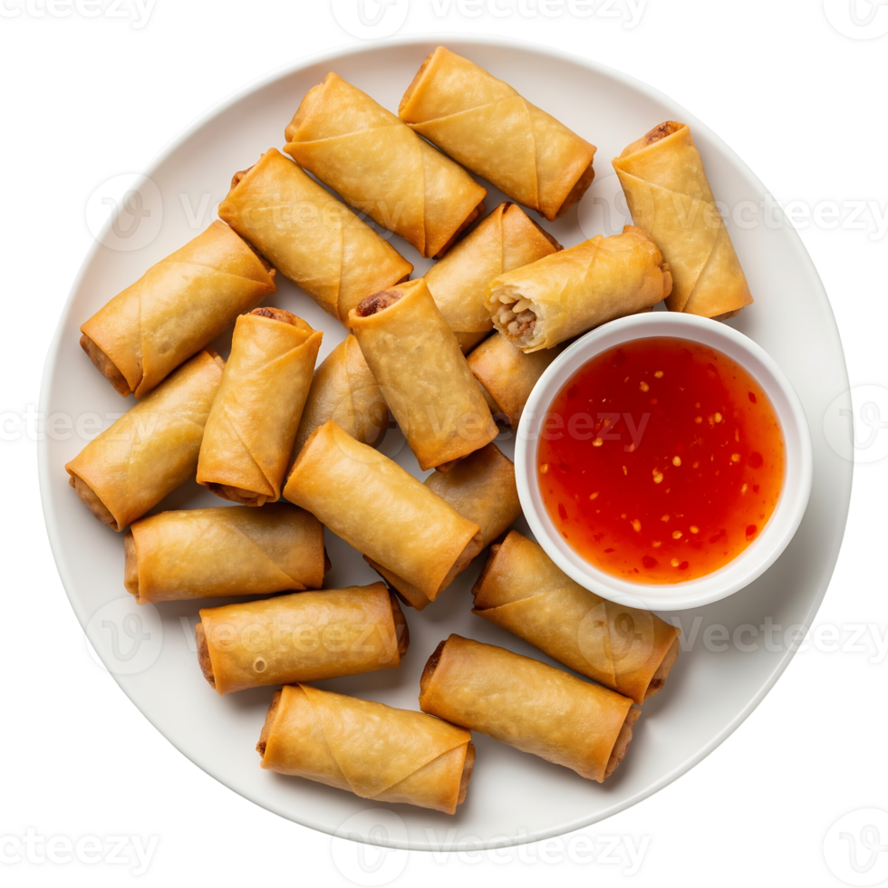 Golden Fried Spring Rolls Sweet Chili Sauce isolated on a transparent background png
