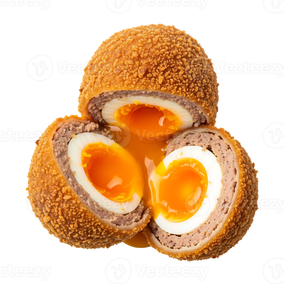 Three Golden Brown Scotch Eggs Cut Open Showing Yolks png