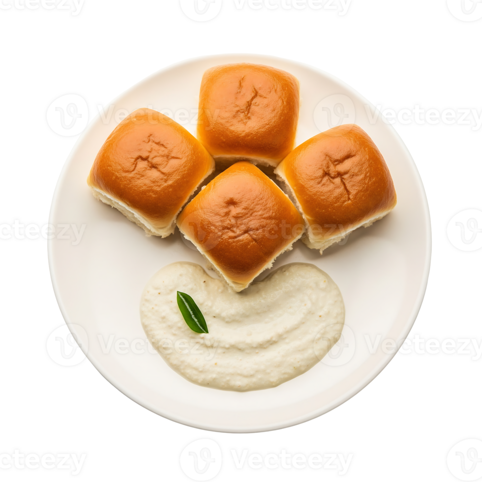 Four Golden Brown Bread Rolls with Creamy White Sauce Garnish png