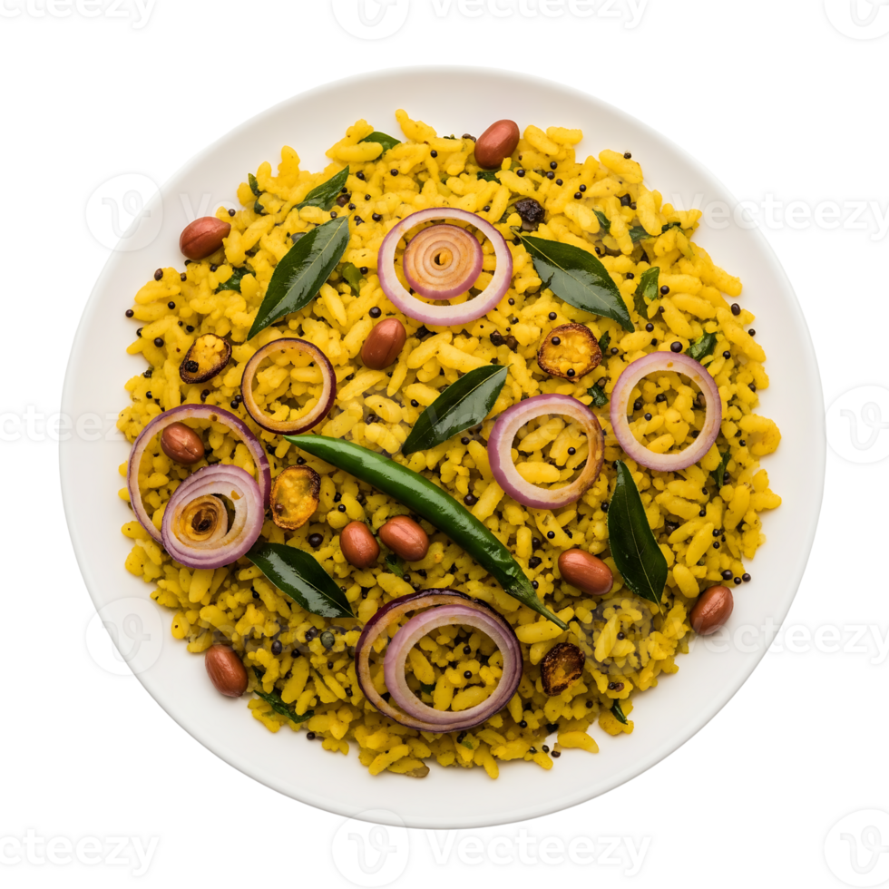 Yellow Poha Breakfast Dish with Red Onions Peanuts and Green Chili png