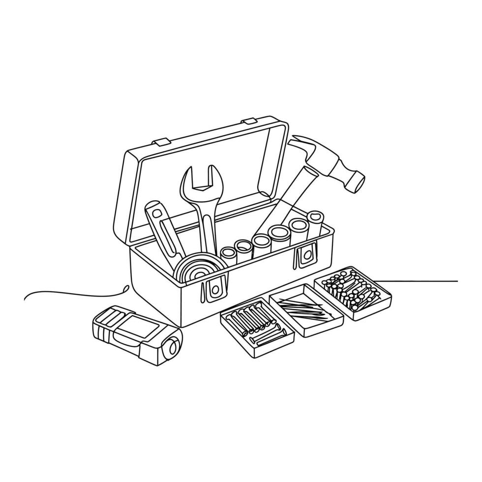 Toolbox with various tools isolated on white background in line art vector