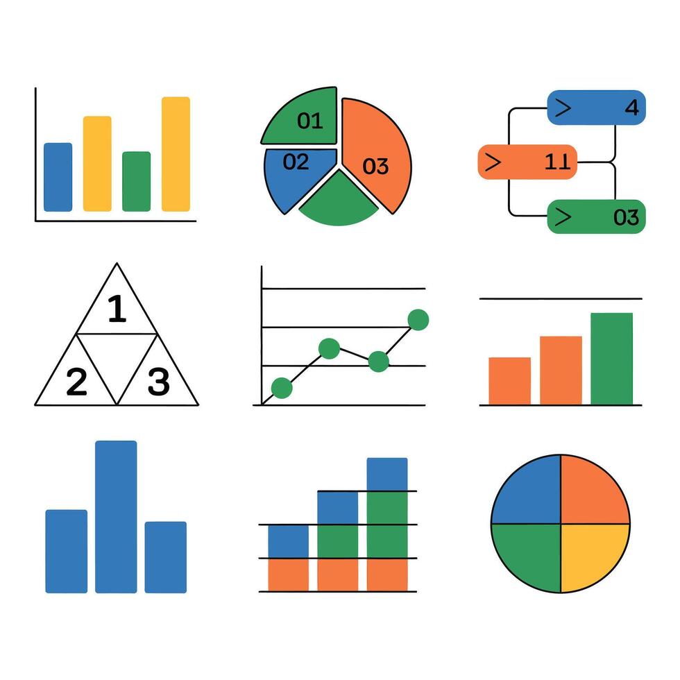 Various colorful business charts and diagrams on a light background vector