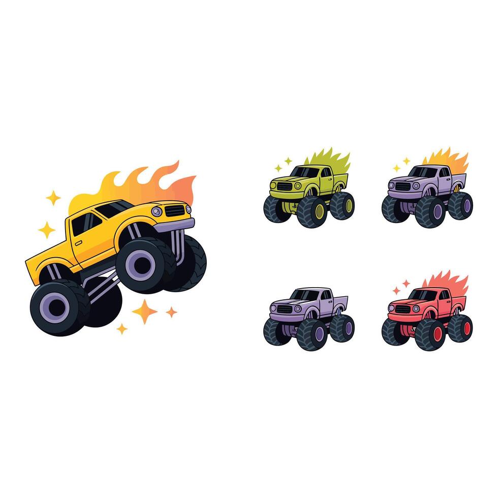 Cartoon monster trucks with flames and stars isolated on white background vector