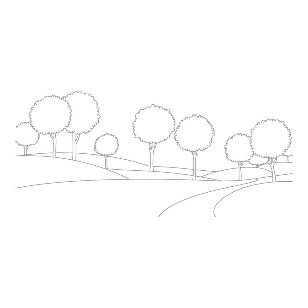 Trees dot a rolling landscape with a winding path vector