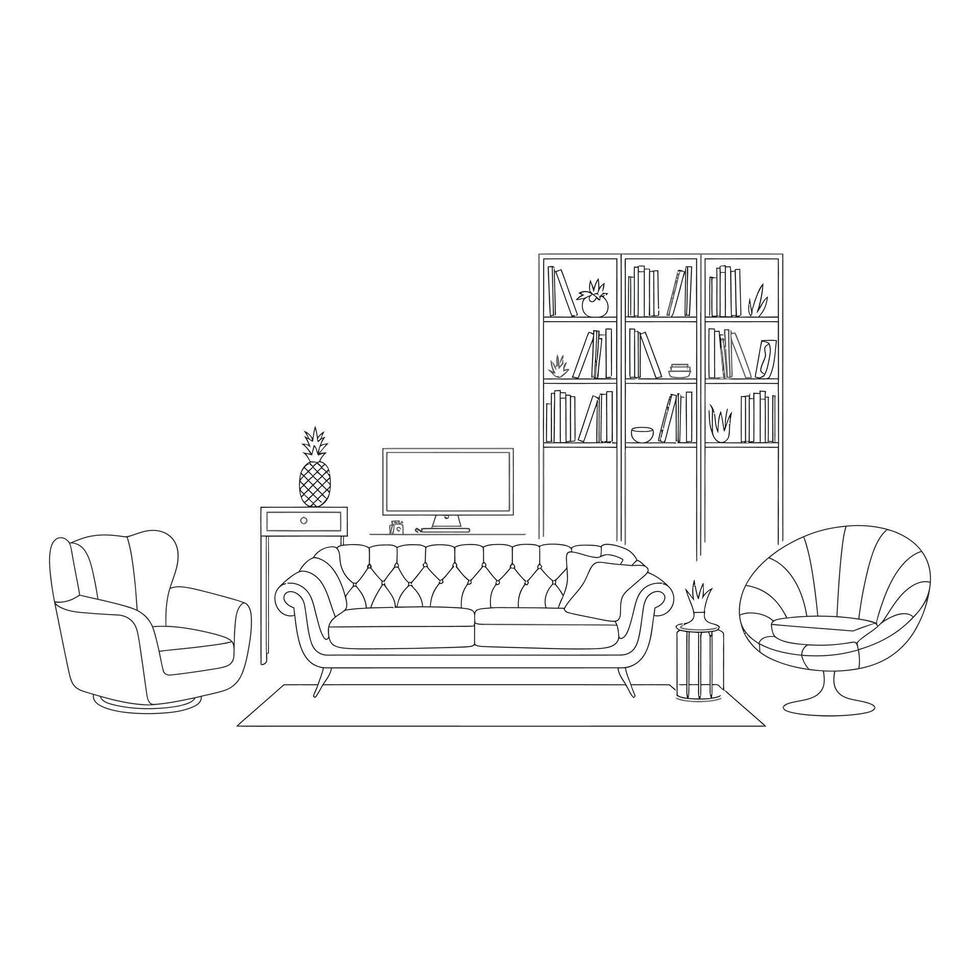 Living room interior design with sofa chairs and bookshelf line art vector