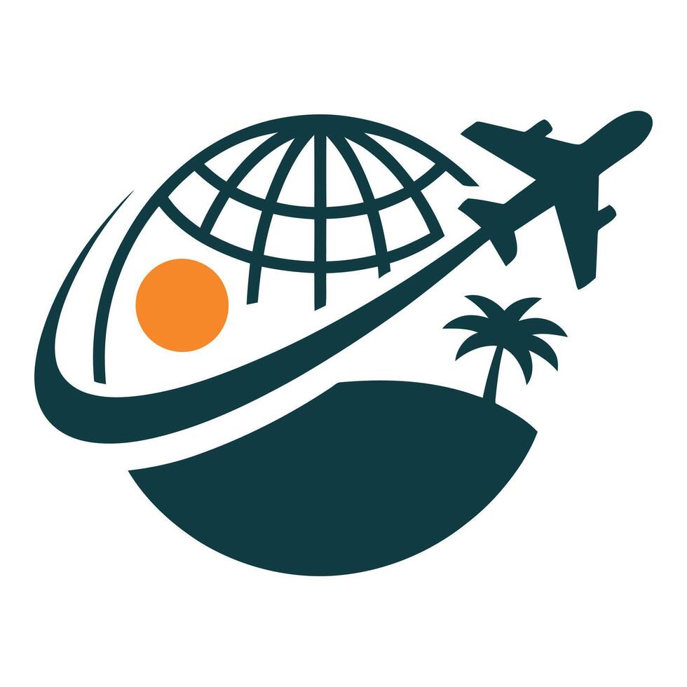 Airplane flies over a tropical island with a globe and orange sun vector