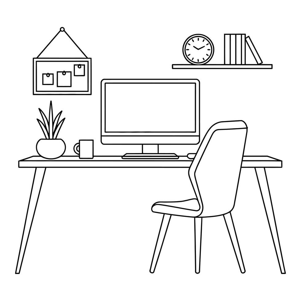 Desk with computer and chair isolated on white background vector
