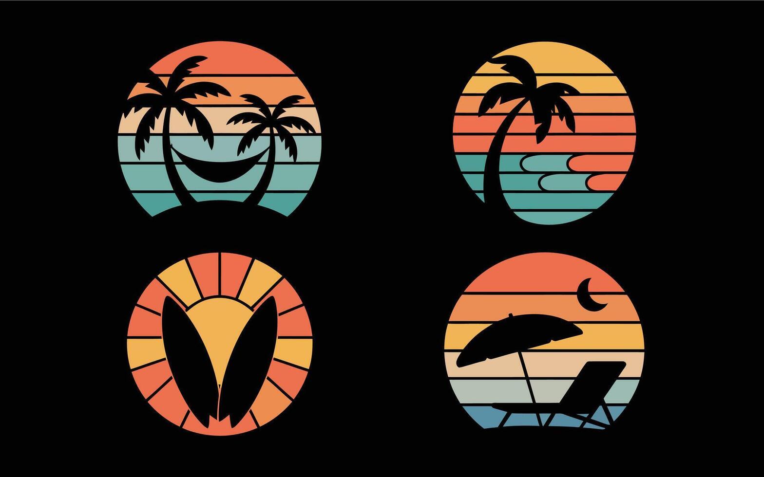 Retro summer beach vacation scenes with palm trees and sunsets vector