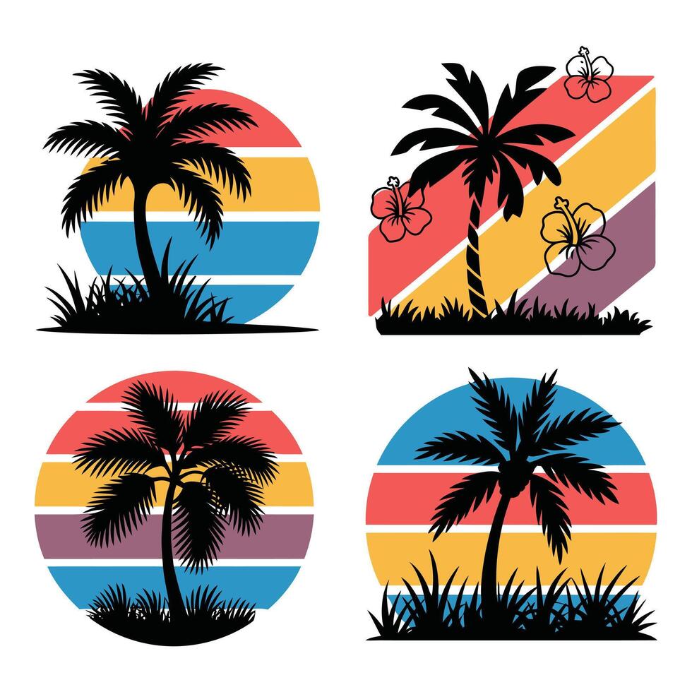 Palm trees with sunset backgrounds isolated on white background vector