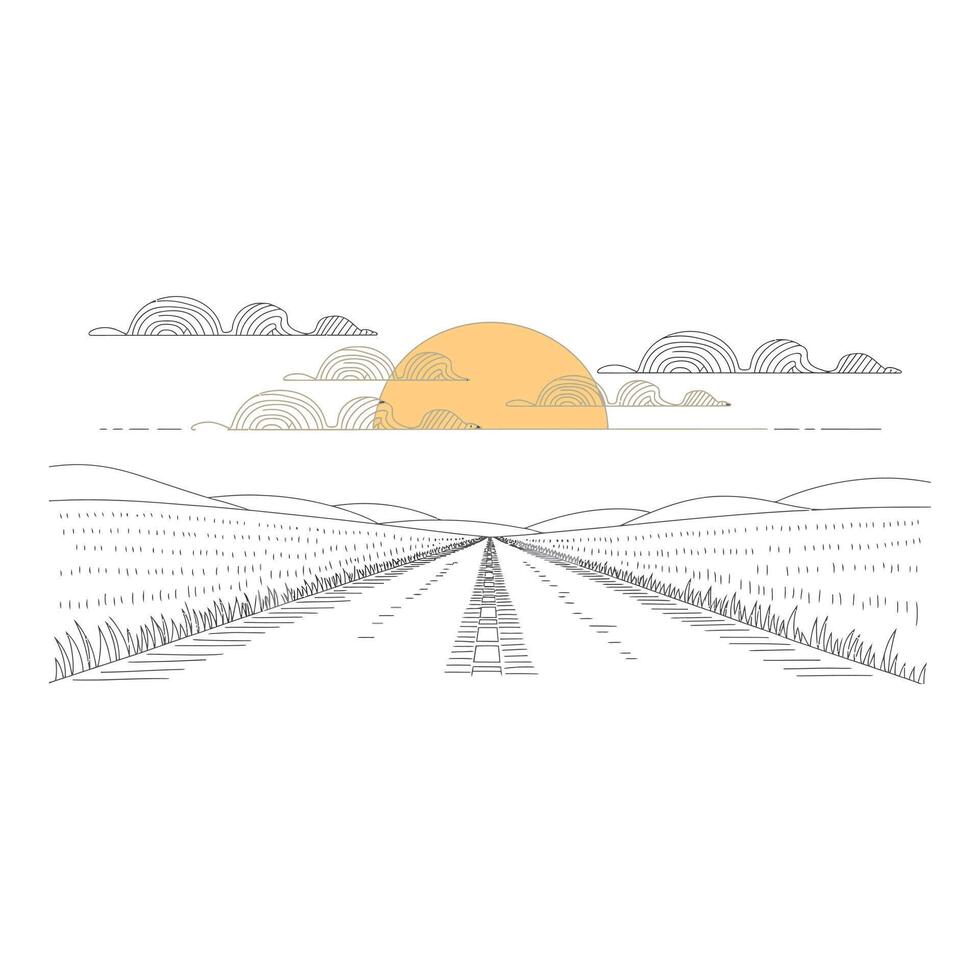 Road stretches into the distance under a bright sun and cloudy sky vector