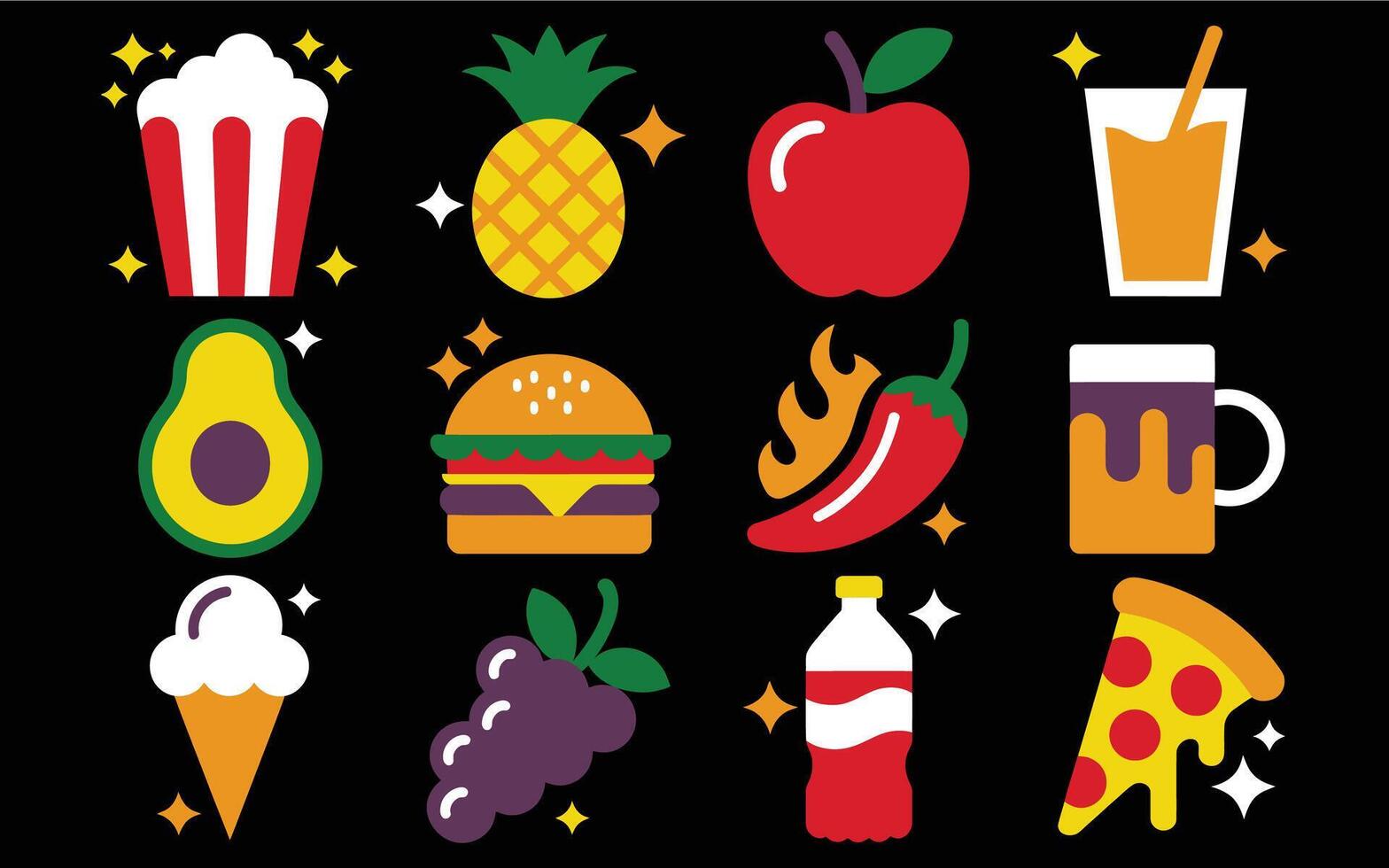 Assorted food and drink icons on a black background with star accents vector