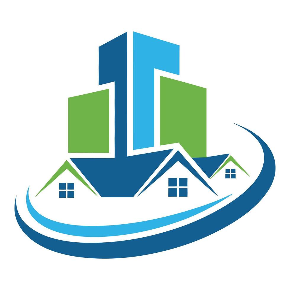 Modern real estate logo with houses and buildings isolated on white vector