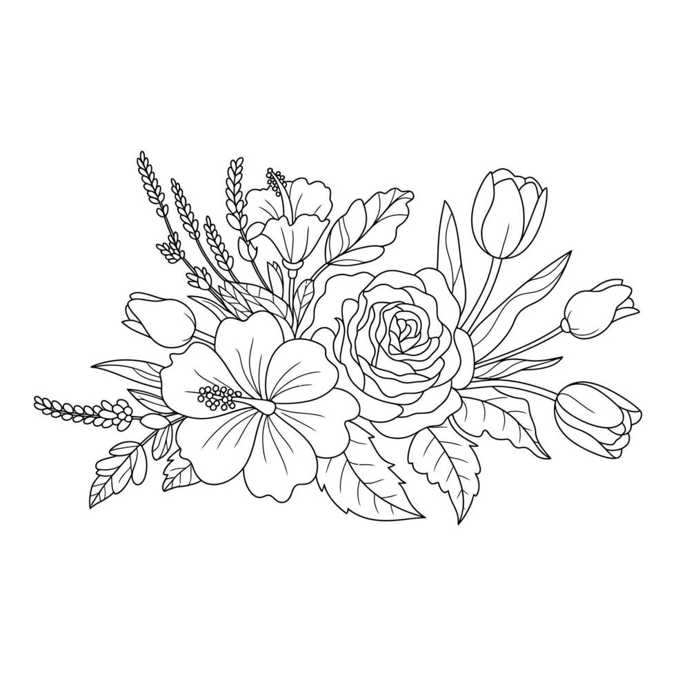 Floral bouquet with roses tulips hibiscus and lavender isolated on white vector