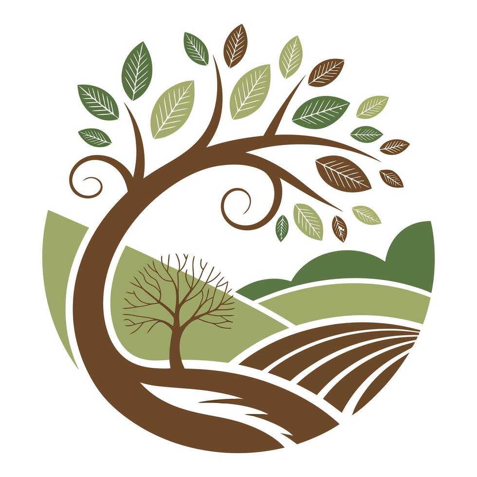 Stylized tree with leaves and rolling hills isolated on white background vector