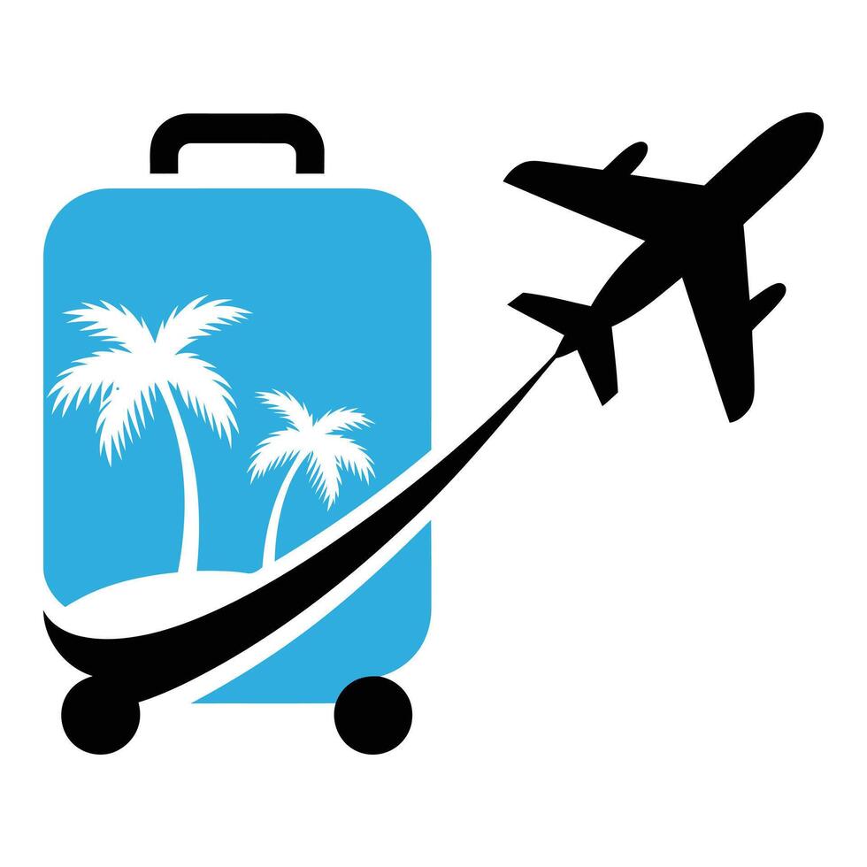 Blue suitcase with palm trees and airplane isolated on white background vector
