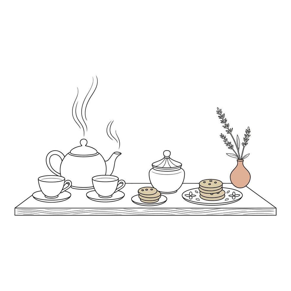 Tea set with teapot cups cookies sugar bowl and lavender on white vector